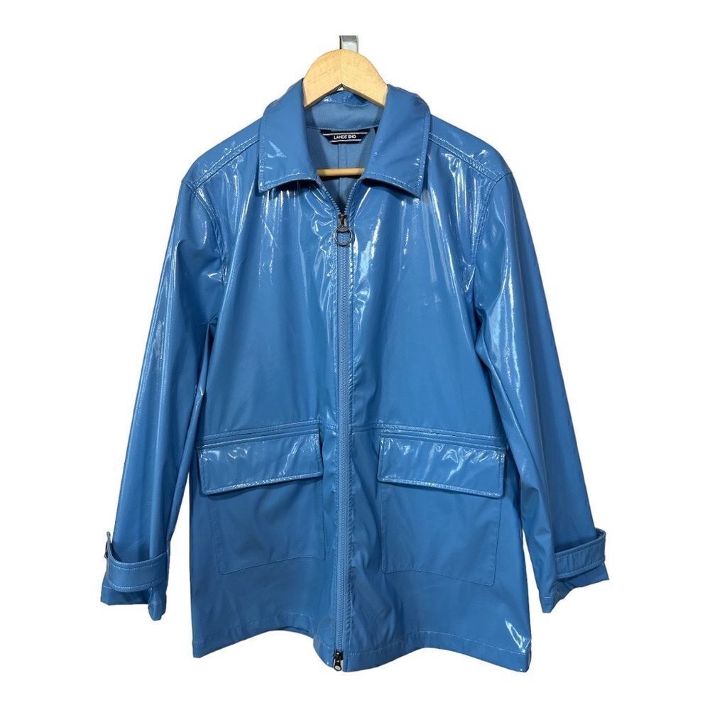 LANDS’ END Women’s High Shine Zip Front Rain Slicker Periwinkle Blue Size Medium